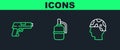 Set line Army soldier, Pistol or gun and Hand grenade icon. Vector