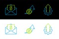 Set line Arrow growth gear business, Envelope with coin dollar and Financial and icon. Vector