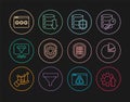 Set line Arrow growth gear, Pie chart infographic, Server with shield, Shield settings, Location sales funnel, Password