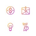 Set line Arrow, Light bulb, Dollar symbol and Intersection point. Gradient color icons. Vector Royalty Free Stock Photo