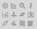 Set line Arrow, Pie chart infographic, Unknown search, Wrench and gear, Graph, chart, diagram and Intersection point