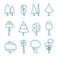 Set of line art cartoon trees, hand drawn forest, doodle vector. Isolated on white. For coloration