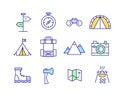 Set of line art funny travel camping hiking icons Royalty Free Stock Photo