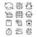 Cooking essentials line art collection, cute icons and decorative elements by hand drawing, vector illustration.