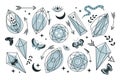 Set of line art minerals, crystals, eyes, gems, moths, butterflies, moon, stars. Magic fairy tale elements. Vector