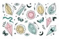 Set of line art minerals, crystals, eyes, gems, moths, butterflies, moon, stars. Magic fairy tale elements. Vector