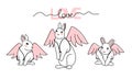 Set of line art minimalistic rabbits with angel wings. Love and Valentine`s Day