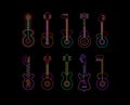 Set of Line Art Neon Guitars Royalty Free Stock Photo