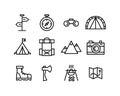Set of line art travel camping hiking icons Royalty Free Stock Photo
