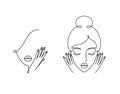 Set of line art woman portraits, hands touch face. Simple logo for cosmetic.