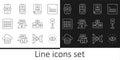 Set line Artificial intelligence AI, Algorithm, Chat bot, Binary code, and Mobile phone icon. Vector