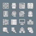 Set line Artificial intelligence robot, AI, Robot setting, Computer api interface, Humanoid, and Server, Data icon Royalty Free Stock Photo