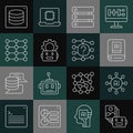 Set line Artificial intelligence robot, Neural network, AI, Server, Data, Robot setting, and icon. Vector Royalty Free Stock Photo