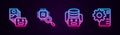 Set line Artificial intelligence robot, Processor CPU, and Neural network. Glowing neon icon. Vector Royalty Free Stock Photo