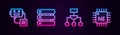 Set line Artificial intelligence robot, Server, Data, Algorithm and Processor CPU. Glowing neon icon. Vector Royalty Free Stock Photo