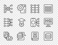 Set line Artificial intelligence robot, Server, Data, Neural network, Graduation cap, AI and Algorithm icon. Vector Royalty Free Stock Photo