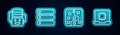 Set line Artificial intelligence robot, Server, Data, Neural network and Processor CPU. Glowing neon icon. Vector Royalty Free Stock Photo