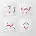 Set line Asian conical hat, Elegant women, Clutch bag and T-shirt icon. Vector Royalty Free Stock Photo
