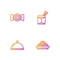 Set line Asian noodles in bowl, Covered with tray, Candy and chopsticks. Gradient color icons. Vector Royalty Free Stock Photo
