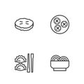 Set line Asian noodles in bowl, Dumpling with chopsticks, Homemade pie and Wonton icon. Vector