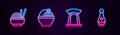 Set line Asian noodles in bowl, Ramen, Korean gate and Soju bottle. Glowing neon icon. Vector