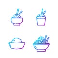 Set line Asian noodles in bowl, Sushi, Asian noodles in bowl and Asian noodles in paper box and chopsticks. Gradient