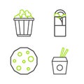 Set line Asian noodles and chopsticks, Cookie or biscuit, Doner kebab and Popcorn in box icon. Vector