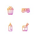 Set line Asian noodles and chopsticks, Sauce bottle, Popcorn in box and Sushi on cutting board. Gradient color icons Royalty Free Stock Photo