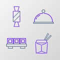 Set line Asian noodles and chopsticks, Sushi on cutting board, Covered with tray and Candy icon. Vector