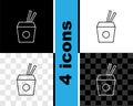 Set line Asian noodles in paper box and chopsticks icon isolated on black and white, transparent background. Street fast Royalty Free Stock Photo