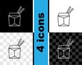 Set line Asian noodles in paper box and chopsticks icon isolated on black and white, transparent background. Street fast Royalty Free Stock Photo