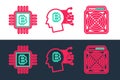 Set line ASIC Miner, CPU mining farm and Bitcoin plant the pot icon. Vector
