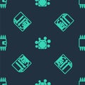 Set line ASIC Miner, Smart contract and Cryptocurrency wallet on seamless pattern. Vector