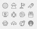 Set line Astronaut helmet, Radar, Moon with flag, UFO flying spaceship, Planet, Rocket, Earth globe and Astronomical
