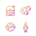 Set line Astronaut, Planet Venus, Astronomical observatory and Asteroid. Gradient color icons. Vector