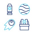 Set line Astronomical observatory, Comet falling down fast, Planet and Rocket ship icon. Vector