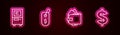 Set line ATM, Price tag with dollar, Wallet money and Dollar symbol. Glowing neon icon. Vector Royalty Free Stock Photo