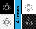 Set line Atom icon isolated on black and white, transparent background. Symbol of science, education, nuclear physics Royalty Free Stock Photo