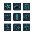 Set line Atom, Medicine pill or tablet, Magnet, Chemistry report, Test tube, Apple, and Planet Saturn icon. Vector