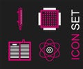 Set line Atom, Open science book, Processor and Meteorology thermometer measuring icon. Vector Royalty Free Stock Photo