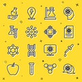 Set line Atom, Pipette, Chemistry report, Test tube flask on stand, Virus, and Processor CPU icon. Vector