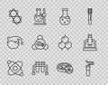 Set line Atom, Test tube, Molecule, Ozone, with toxic liquid and Microscope icon. Vector