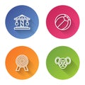 Set line Attraction carousel, Beach ball, Target and Monkey. Color circle button. Vector