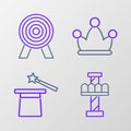 Set line Attraction carousel, Magic hat and wand, Jester with bells and Target icon. Vector