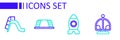 Set line Attraction carousel, Rocket ship toy, Monkey bar and Slide playground icon. Vector