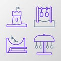 Set line Attraction carousel, Skate park, Gymnastic rings and Sand tower icon. Vector