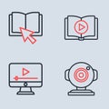 Set line Audio book, Online play video, Web camera and icon. Vector