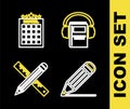 Set line Audio book, Pencil and line, Crossed ruler pencil and Hotel building icon. Vector