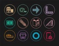 Set line Audio book, Triangular ruler, Dots arrow, Pencil, Open, Hotel building, and Roulette construction icon. Vector