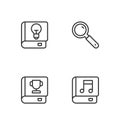 Set line Audio book, Book, User manual and Magnifying glass icon. Vector